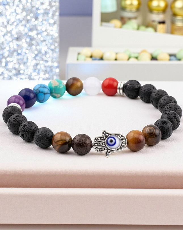 Lava Stone Chakra Bracelet with Evil Eye Charm for Protection, Grounding and Balance