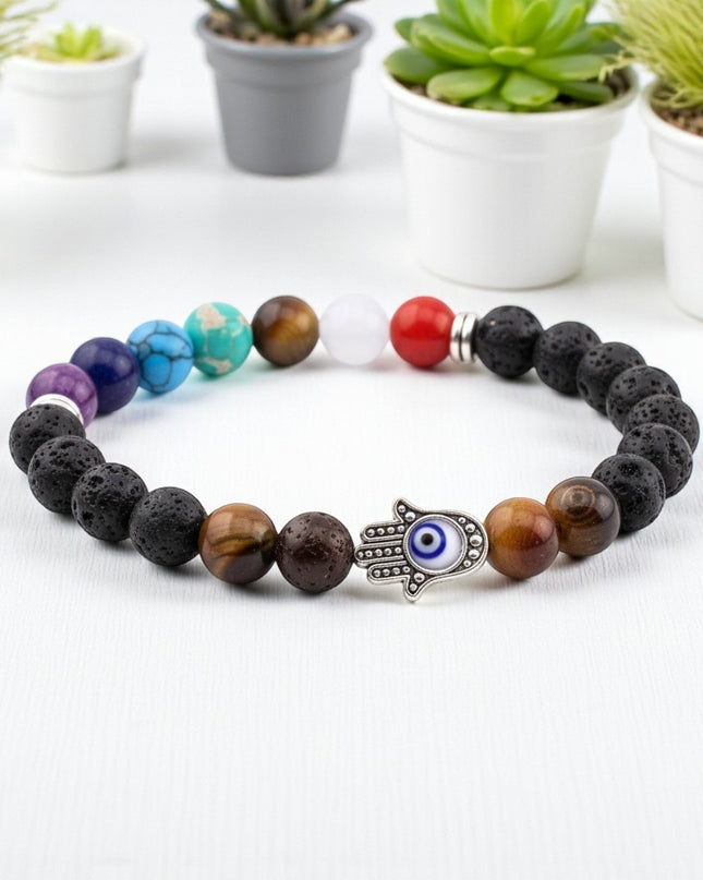 Lava Stone Chakra Bracelet with Evil Eye Charm for Protection, Grounding and Balance