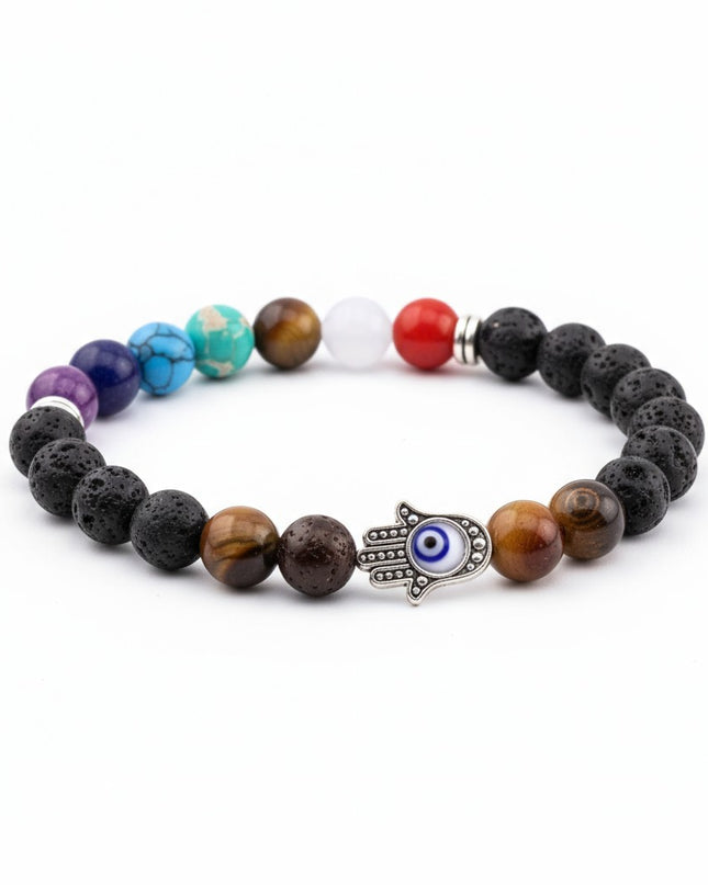 Lava Stone Chakra Bracelet with Evil Eye Charm for Protection, Grounding and Balance