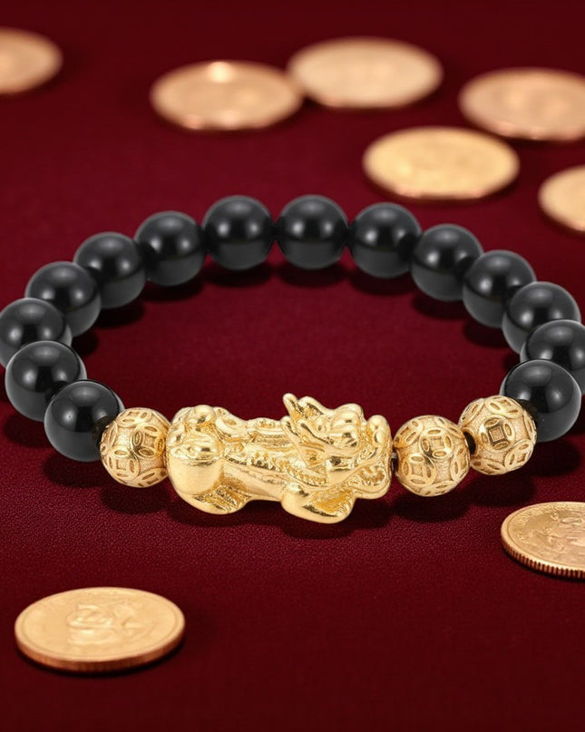 Black Onyx With Dragon Charm Bracelet 8mm