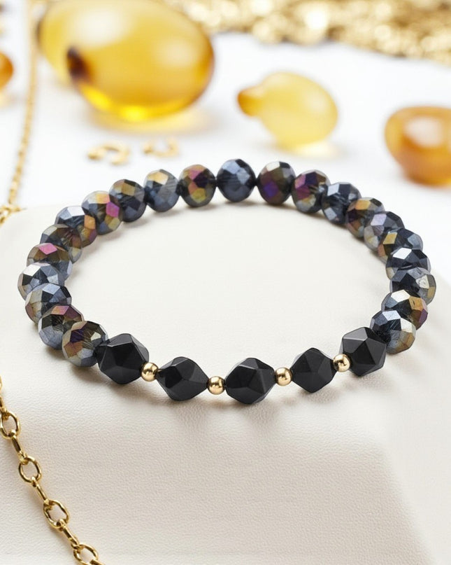 Rondelle Glass and Black Onyx Bracelet Transformative, Protective and Grounding
