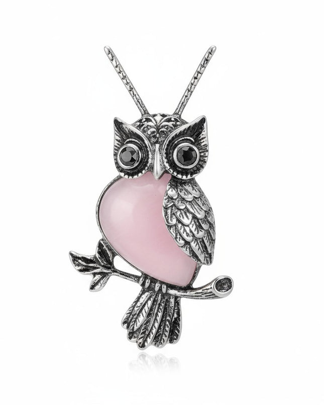 Rose Quartz Gemstone Owl Charm Pendant Necklace