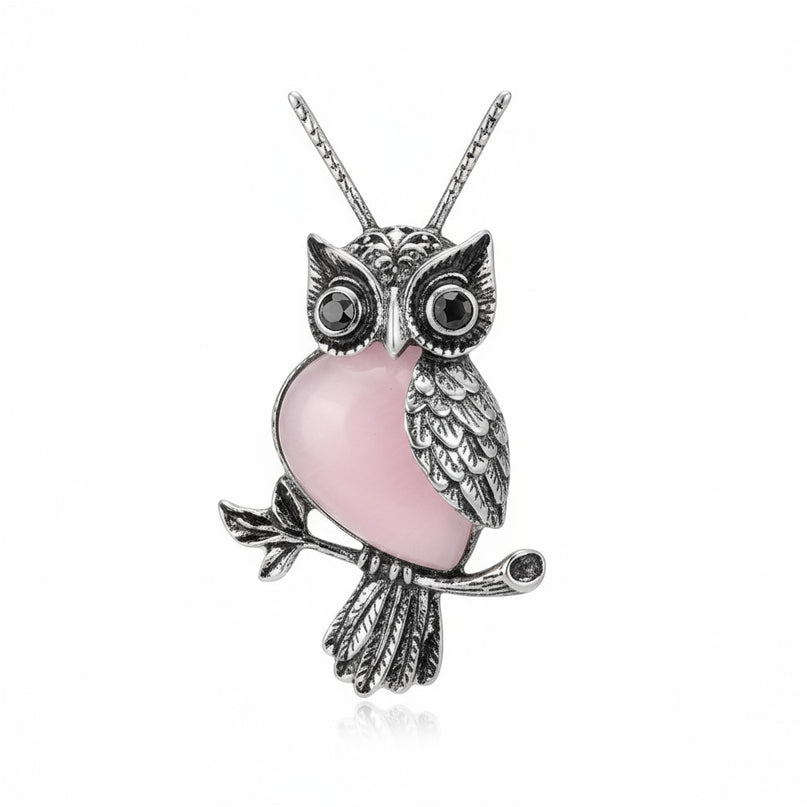 Rose Quartz Gemstone Owl Charm Pendant Necklace