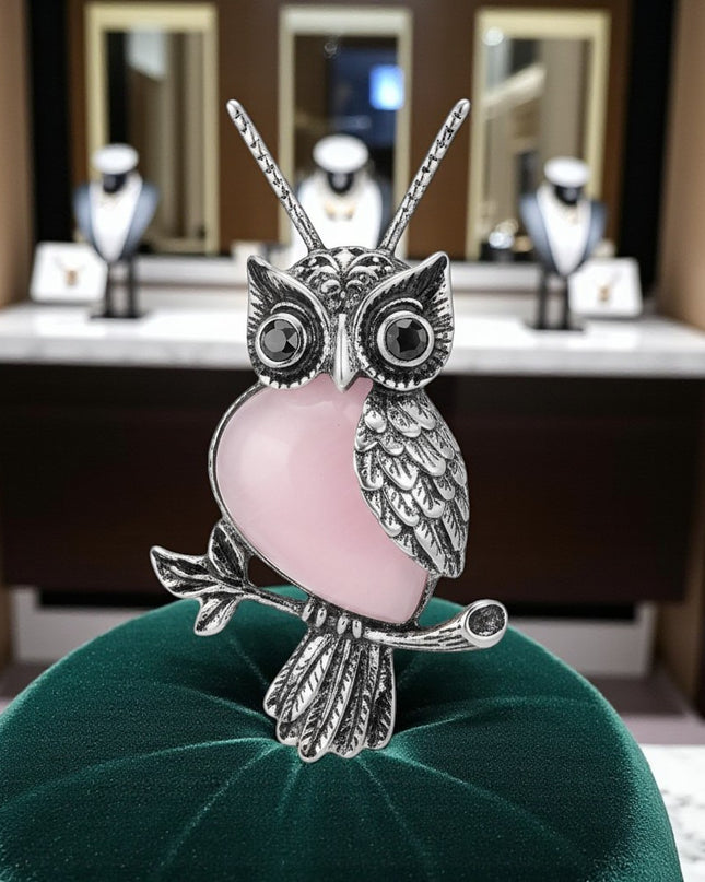 Rose Quartz Gemstone Owl Charm Pendant Necklace