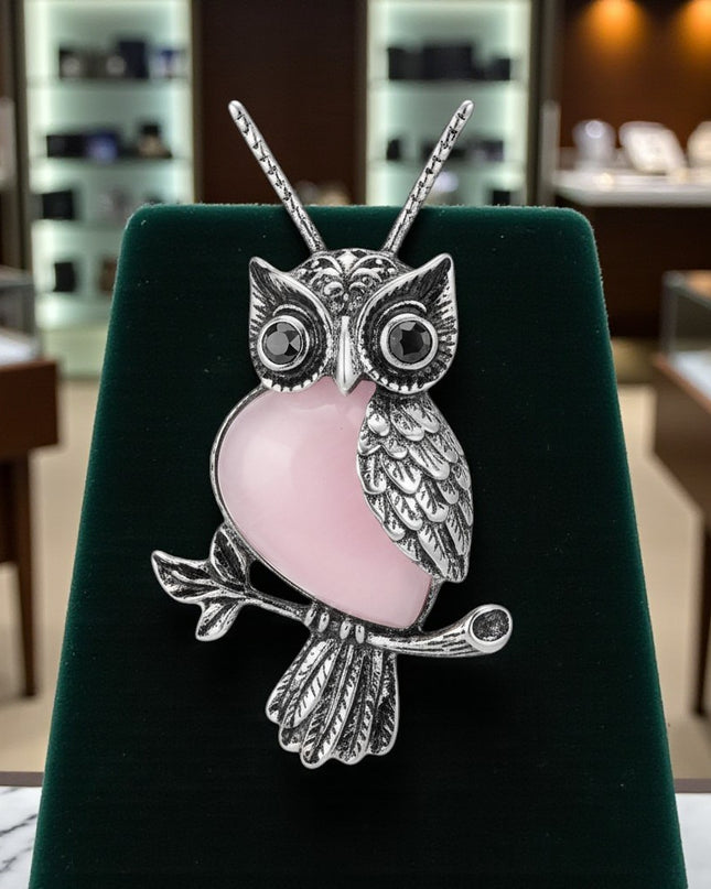 Rose Quartz Gemstone Owl Charm Pendant Necklace