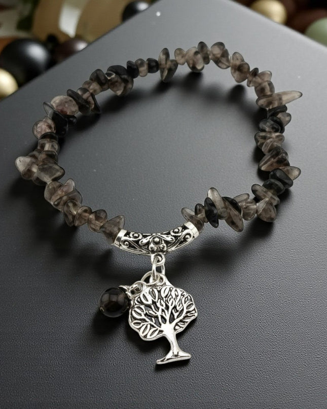 Natural Smoky Quartz Bracelet with a Tree of Life Charm
