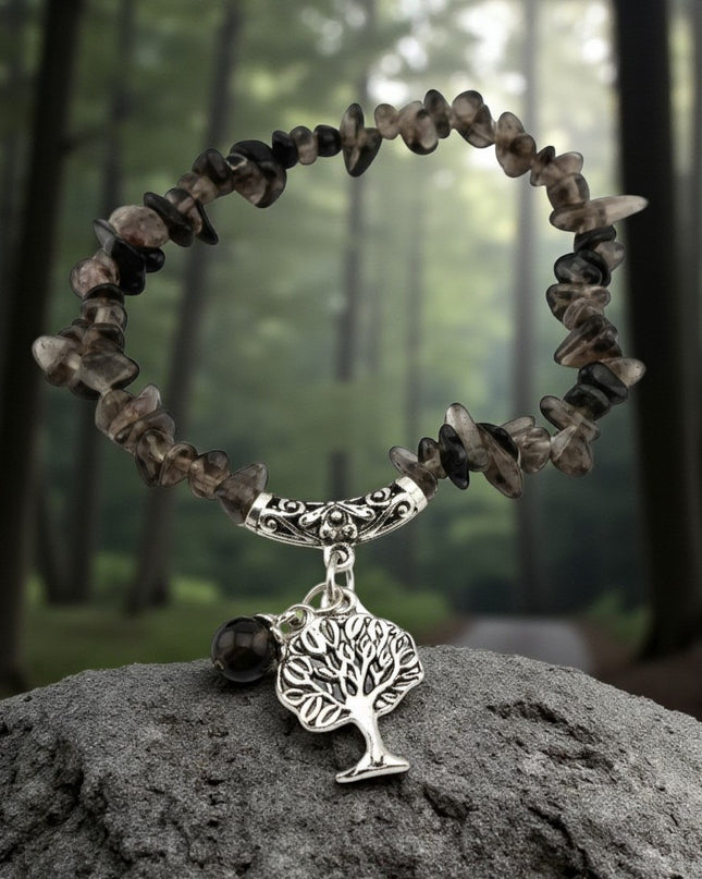 Natural Smoky Quartz Bracelet with a Tree of Life Charm