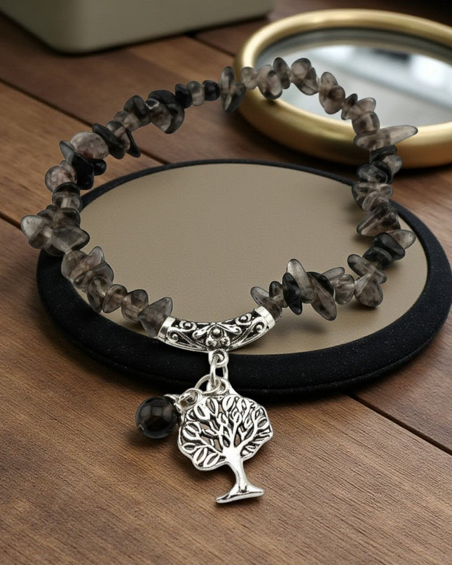 Natural Smoky Quartz Bracelet with a Tree of Life Charm