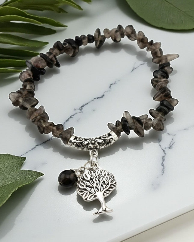 Natural Smoky Quartz Bracelet with a Tree of Life Charm