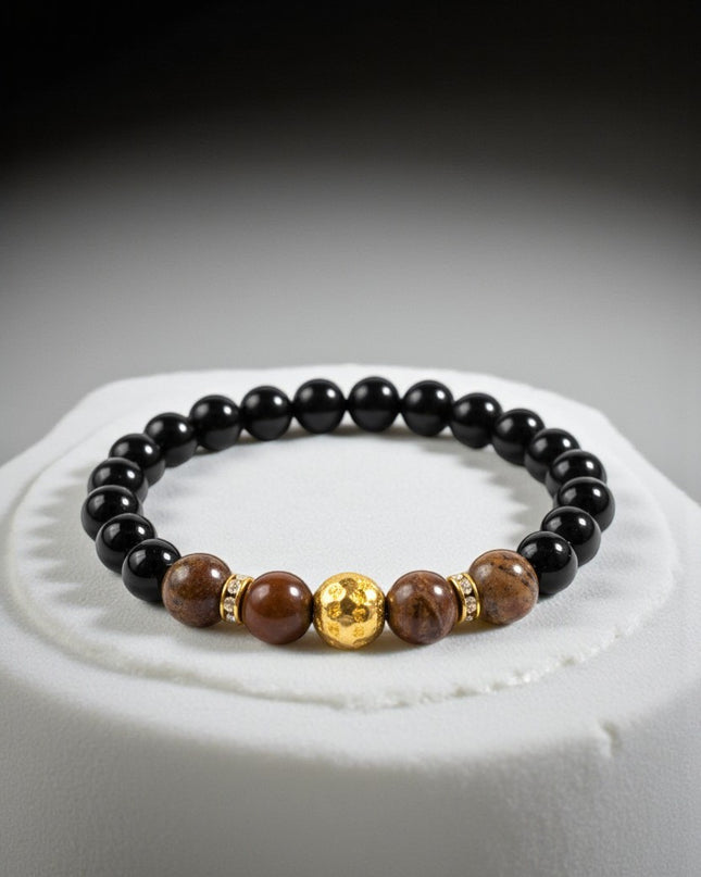 Natural Tiger Eye and Black Onyx Bracelet With Charm for Grounding, Intuition and Manifestation