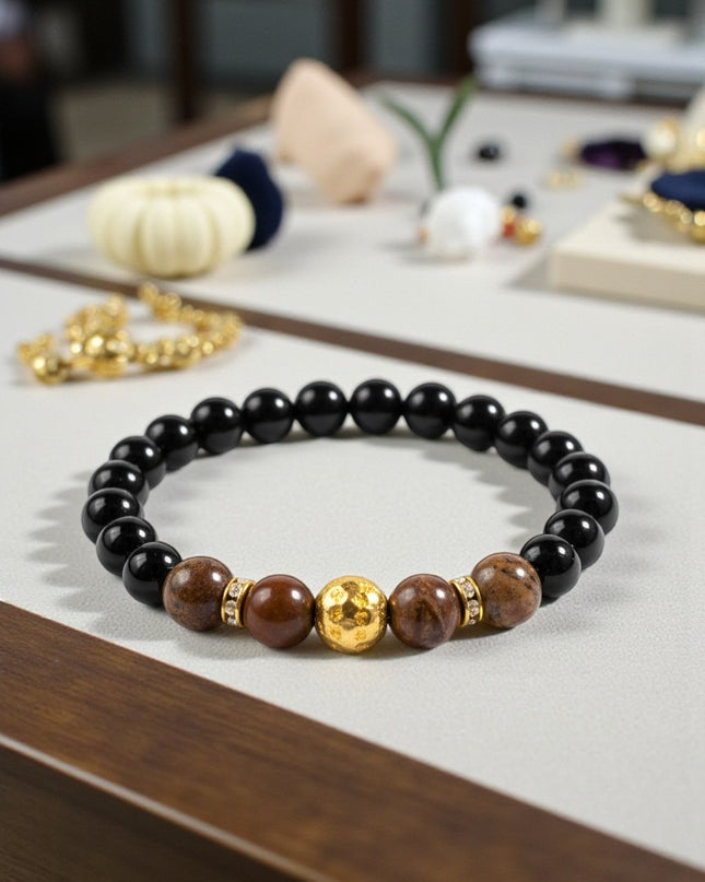 Natural Tiger Eye and Black Onyx Bracelet With Charm for Grounding, Intuition and Manifestation