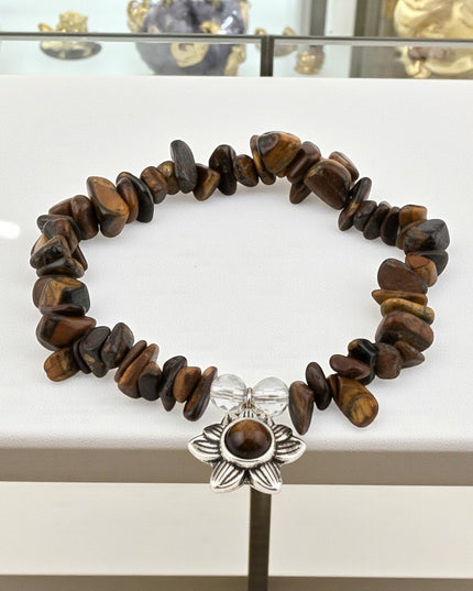 Chipped Tiger Eye Bracelet with Charm for Strength, Confidence, and Protection