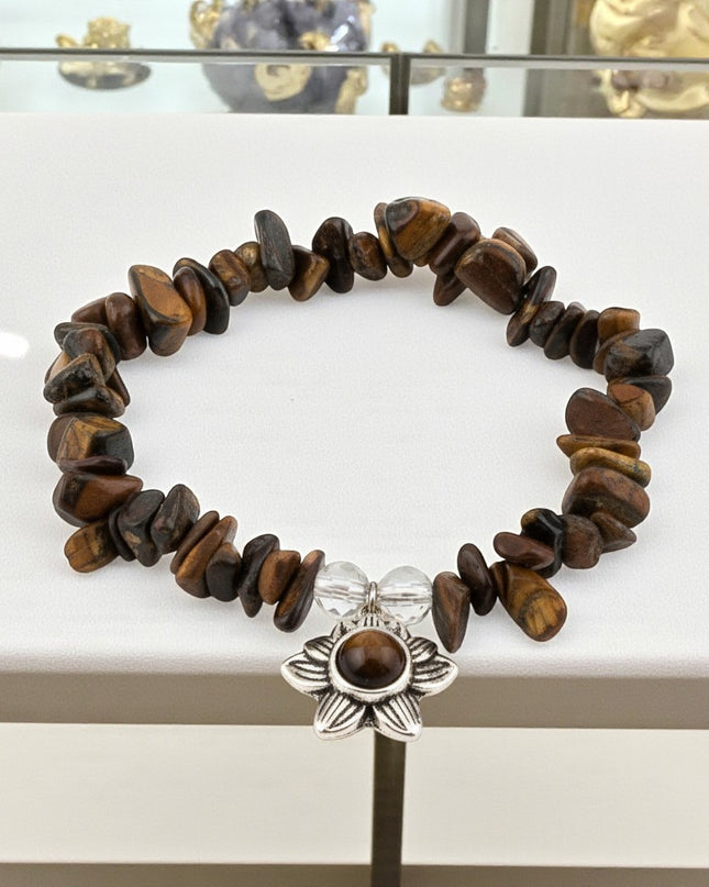 Chipped Tiger Eye Bracelet with Charm for Strength, Confidence, and Protection