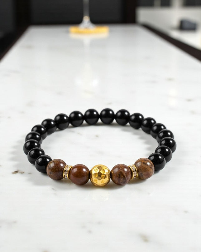 Natural Tiger Eye and Black Onyx Bracelet With Charm for Grounding, Intuition and Manifestation