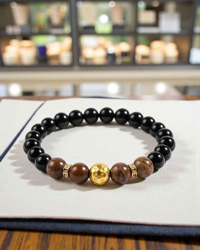 Natural Tiger Eye and Black Onyx Bracelet With Charm for Grounding, Intuition and Manifestation