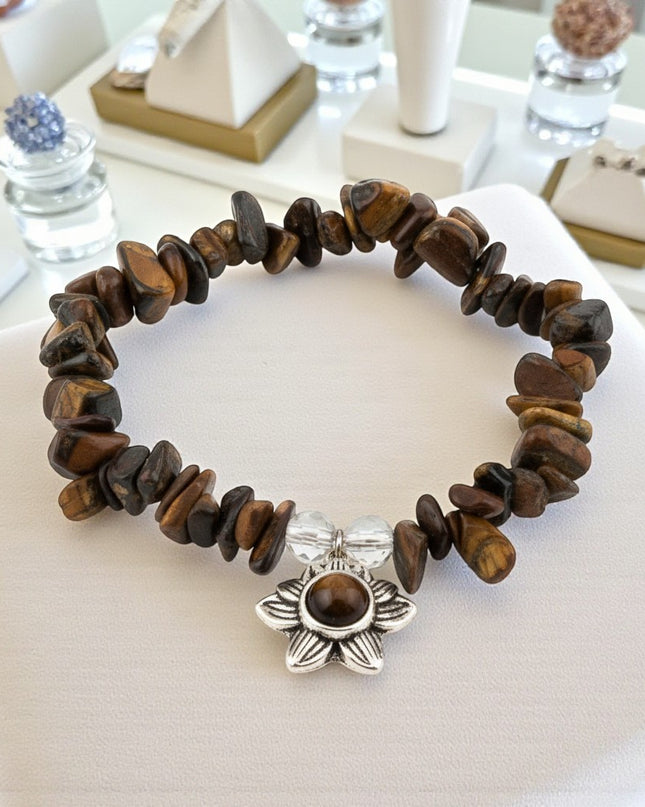 Chipped Tiger Eye Bracelet with Charm for Strength, Confidence, and Protection