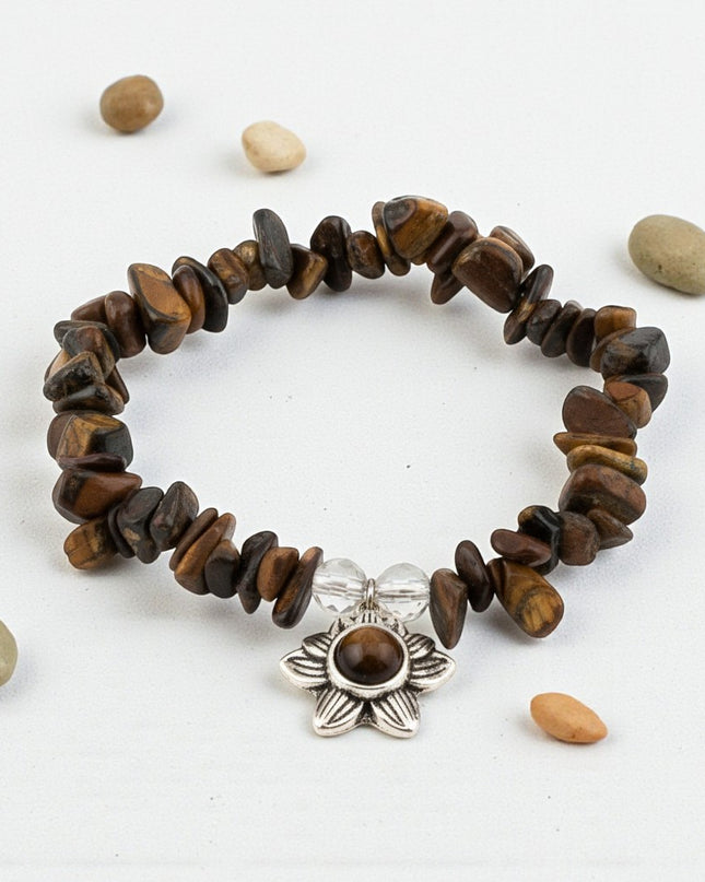 Chipped Tiger Eye Bracelet with Charm for Strength, Confidence, and Protection