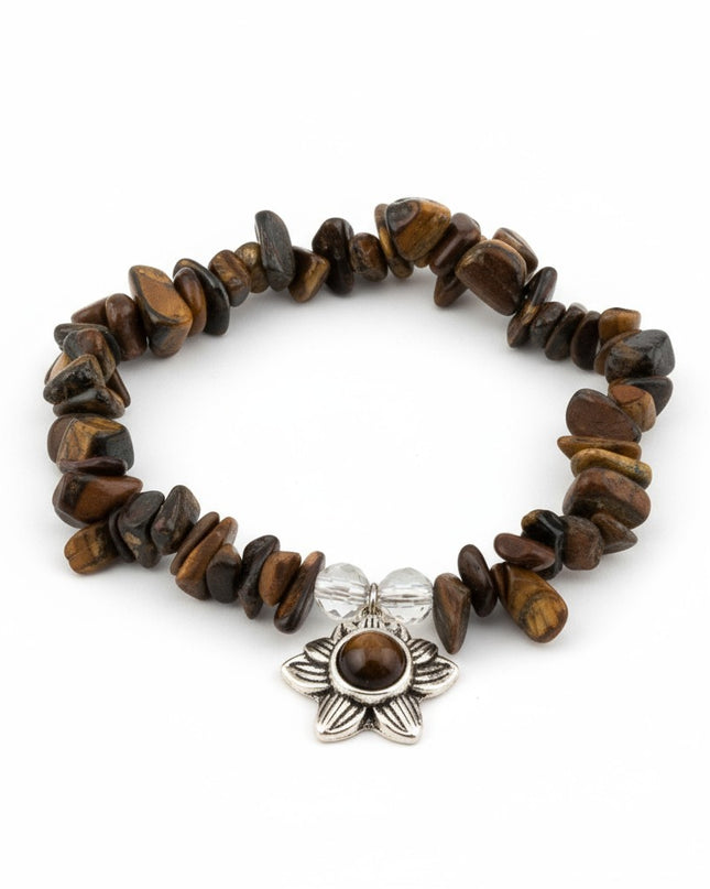 Chipped Tiger Eye Bracelet with Charm for Strength, Confidence, and Protection