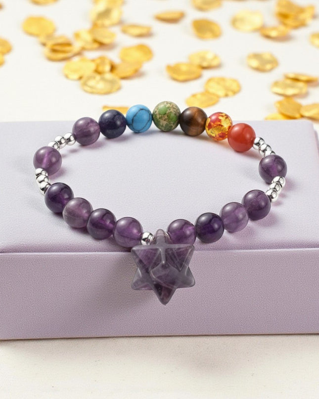 Amethyst and Chakra Bracelet for Spiritual Awareness, Intuition, and Inner Peace