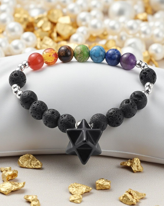 Natural Lava Stone and Obsidian Chakra Bracelet for promotes Grounding, Protection, and Emotional Stability