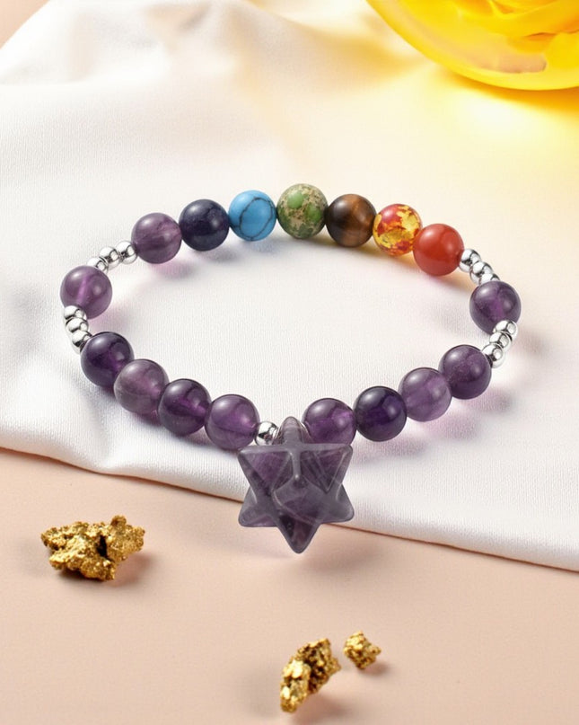 Amethyst and Chakra Bracelet for Spiritual Awareness, Intuition, and Inner Peace