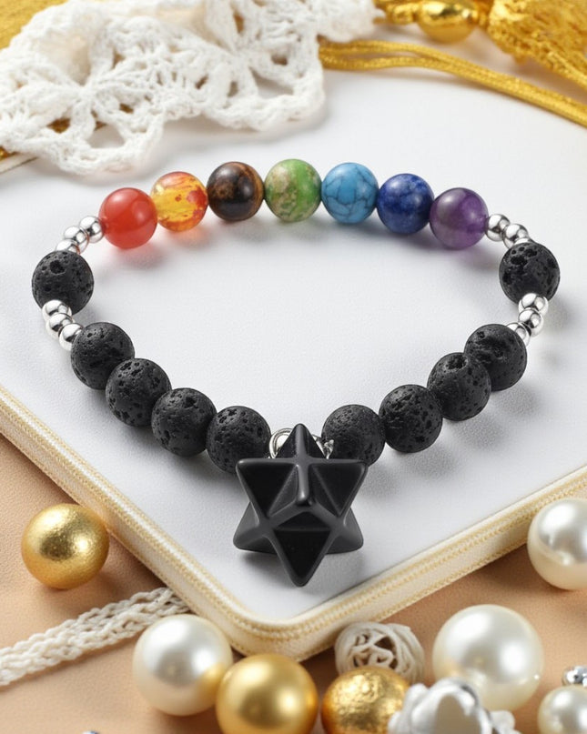 Natural Lava Stone and Obsidian Chakra Bracelet for promotes Grounding, Protection, and Emotional Stability