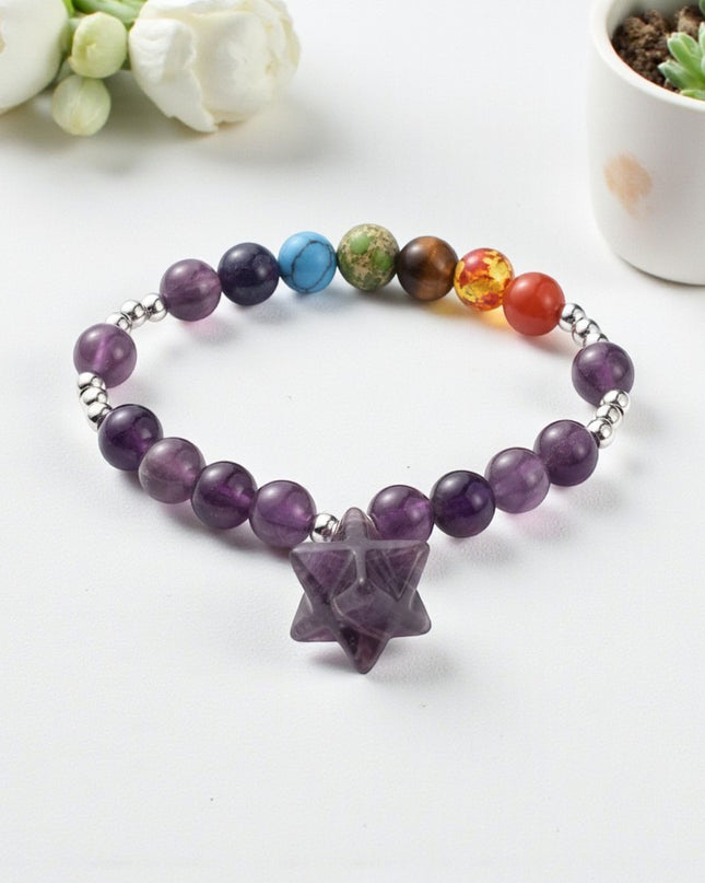 Amethyst and Chakra Bracelet for Spiritual Awareness, Intuition, and Inner Peace