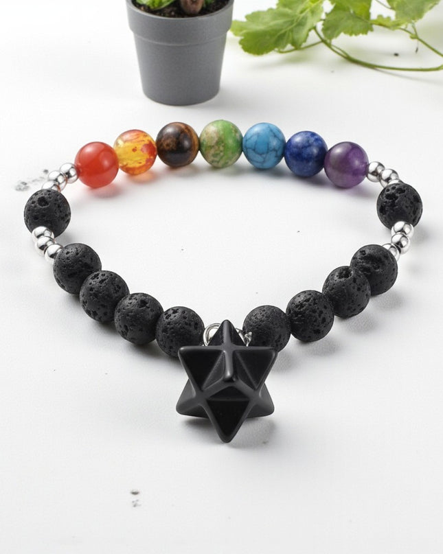 Natural Lava Stone and Obsidian Chakra Bracelet for promotes Grounding, Protection, and Emotional Stability